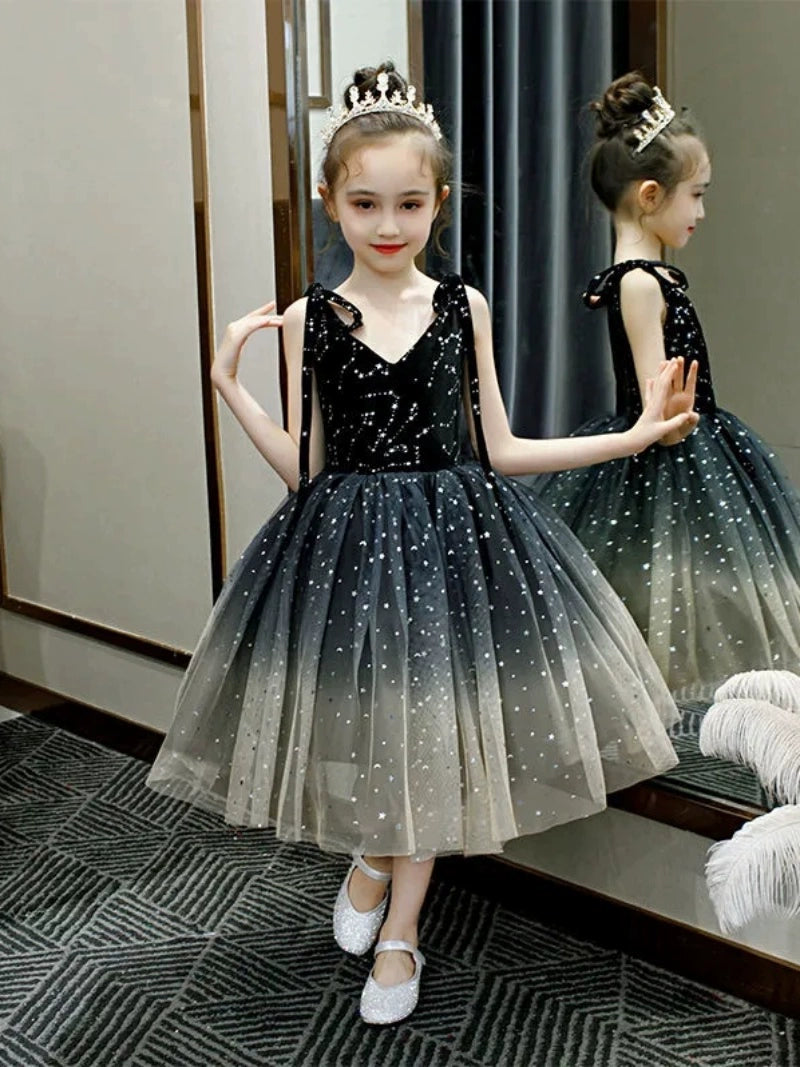 Children's Classy Black Dress Piano Performance Costume Girls Little Host Catwalk Show Girls Princess Dress