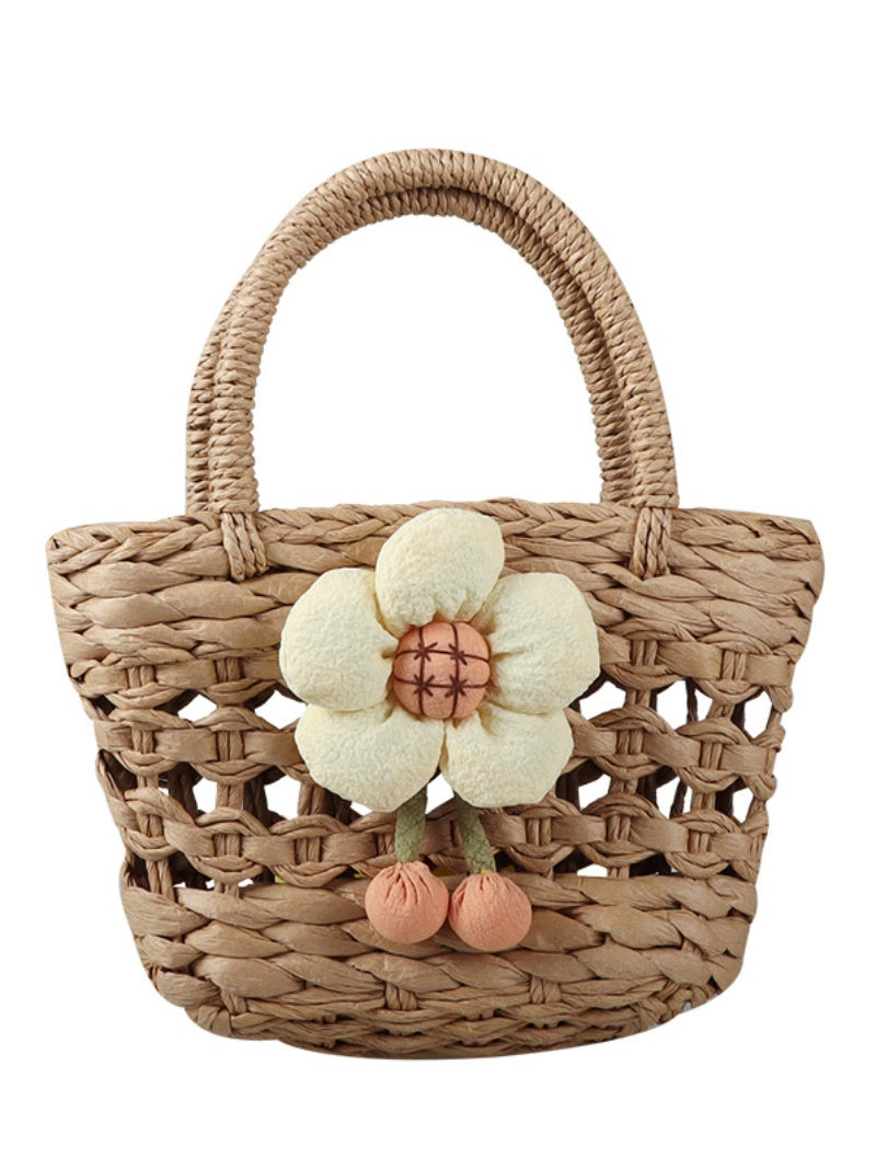 INS Summer Kids Straw Woven Bag Girl Rattan Flower Hand Bag Princess Retro and Fashion All-Matching Accessory Bag