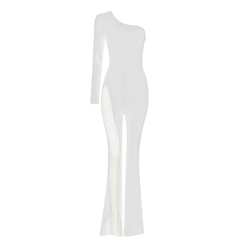 One-Shoulder Long-Sleeve Small Horn Sexy See-through Jumpsuit