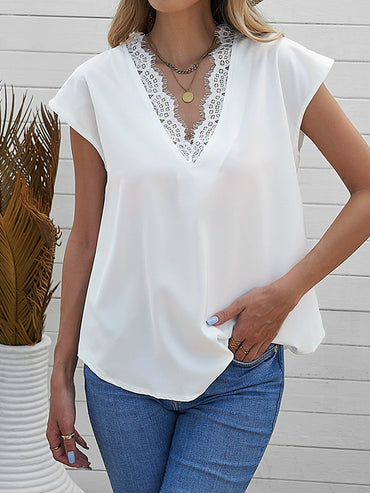 Fashion V Neck Pullover Stylish Short Sleeve Tops Lace