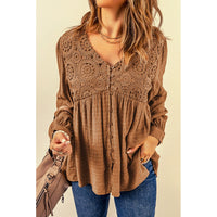 Fall 2024 New Brown Lace Crochet Shirt Women Fashion Style Fashion Button V Neck Little-Girl Style Clothes Tops Women