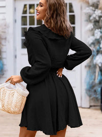 Fall Thin Long Sleeve Dress for Women Fashion Ruffles Patchwork Waist-Slimming Slimming V-Neckline Texture Knee-Length Skirt for Women