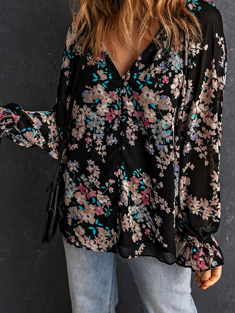 V Neck Long Sleeves Fashion Single Breasted Pullover Chiffon Shirt