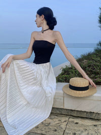 Black and White Pleated Fancy Long A- line Skirt Tube Top