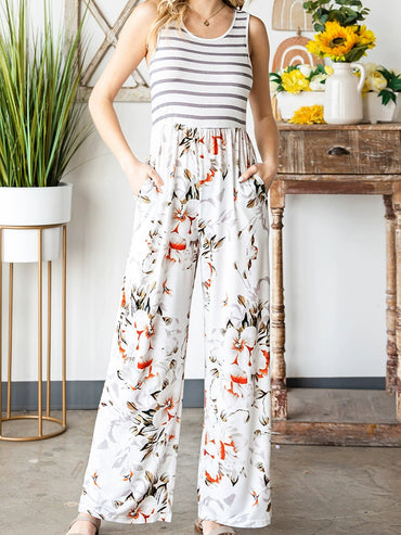 Fashion High Waist Thin Slim Striped Floral Jumpsuit