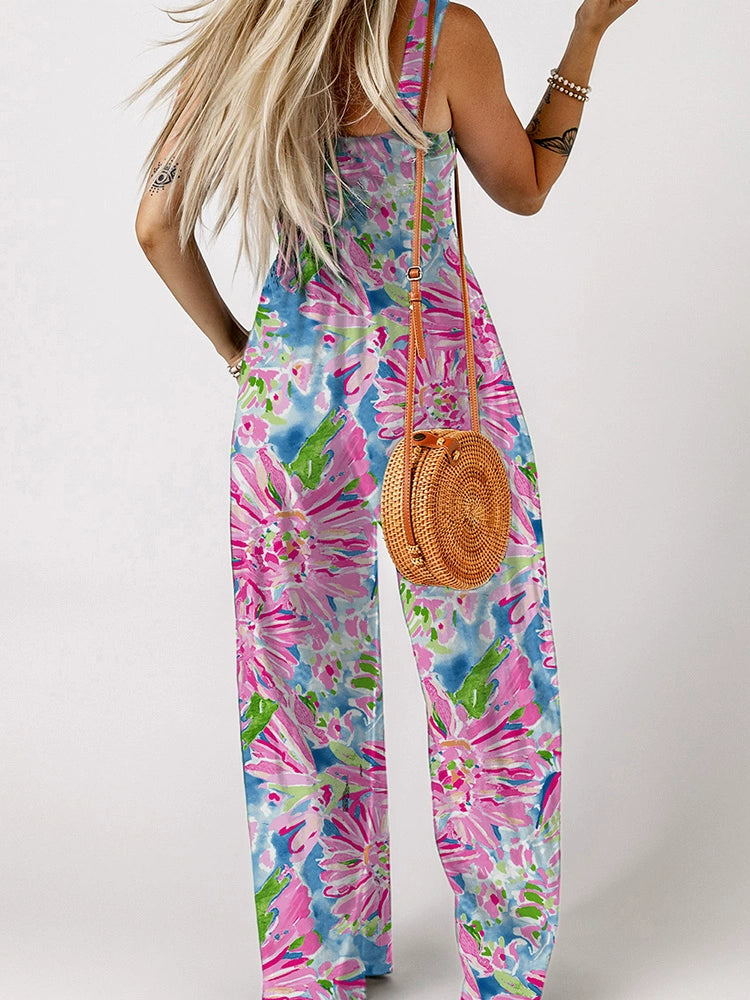 Fashion Smocking Thin Print High Waist Jumpsuit