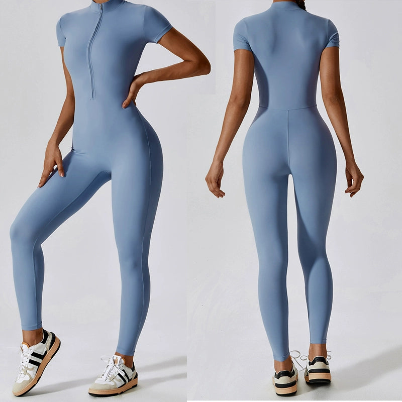 2023 Fashion Zipper Short Sleeve Pants Nude Feel Yoga Jumpsuit Women's Outwear Fitness Sports One-Piece Bodysuit