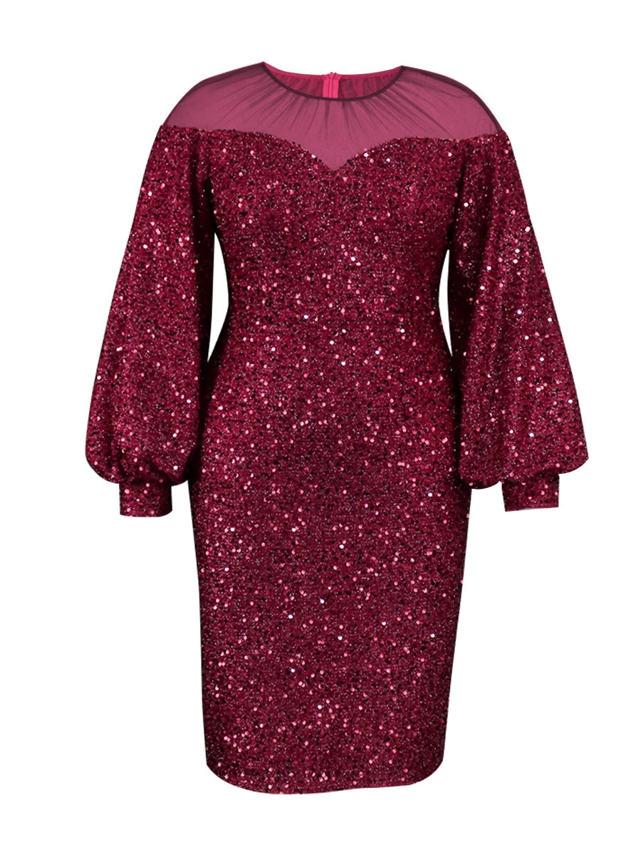 Fashion plus Size Patchwork Sequined Dress Dress Mesh