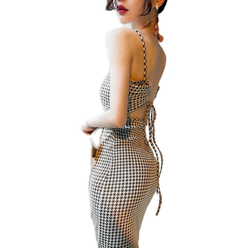 Cross Houndstooth Slim Fit Backless Slip Dress