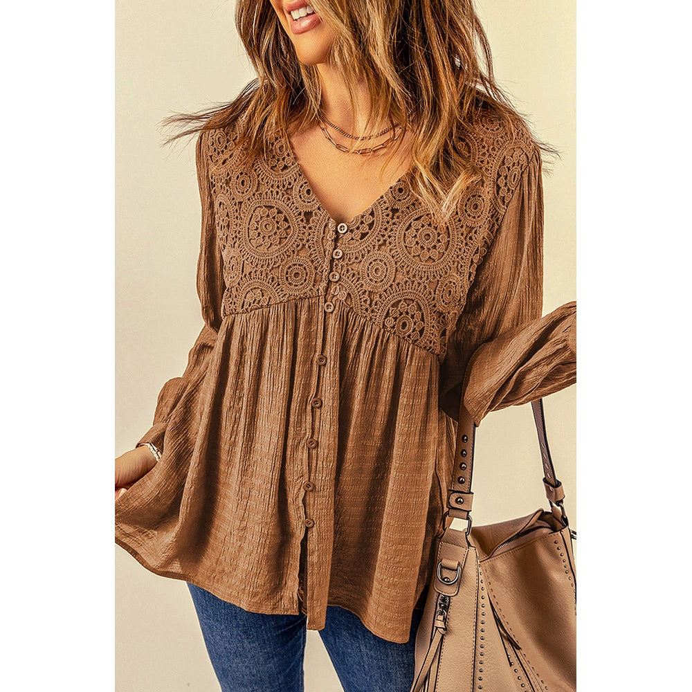 Fall 2024 New Brown Lace Crochet Shirt Women Fashion Style Fashion Button V Neck Little-Girl Style Clothes Tops Women