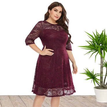 Export Fat Sister 150.00kg Amazon Spring and Summer New European and American plus Size Women's Clothes round Neck Lace Dress Medium