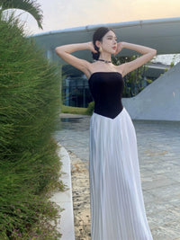 Black and White Pleated Fancy Long A- line Skirt Tube Top