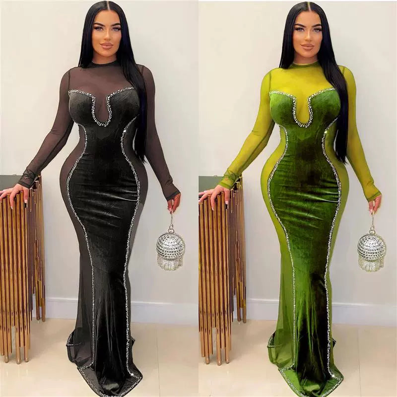 A7353 Fashion Sexy Slim-Fit Sheath Korean Velvet Mesh Dress Nightclub Uniforms