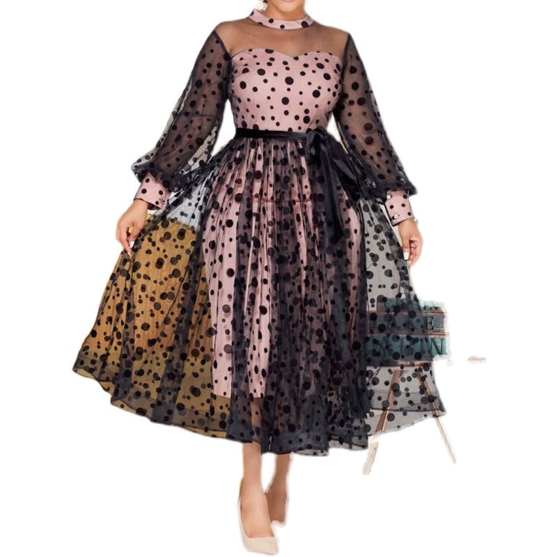 European/American plus Size New Polka Dot Dress Mesh