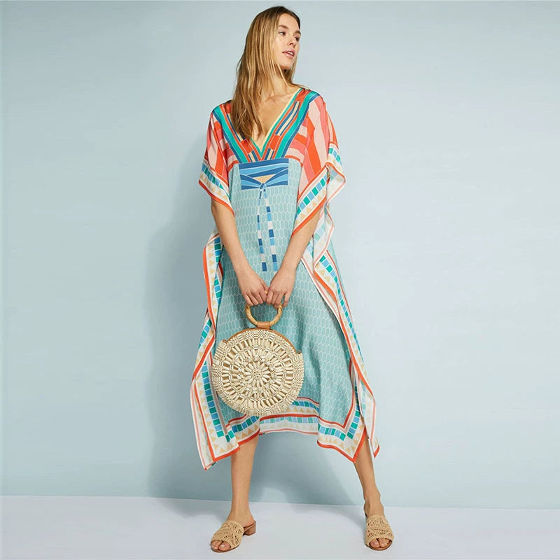 Fashion Polyester Print Front and Back V-neck Beach Cover-up Seaside Holiday Shirt Dress Bikini Cover