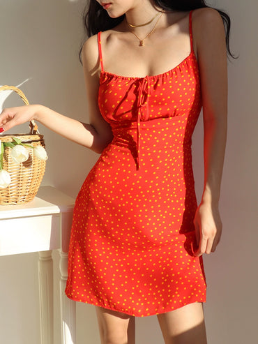 MH Fast Fashion European and American Style Chest Strap Red Bottom Yellow with Polka Dots Waist Slim Looking Sling Dress Short Skirt for Women