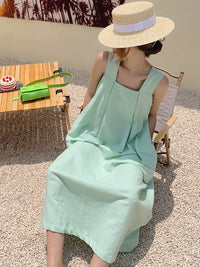 Sanya French Seaside Vacation Dress Cotton and Linen Suspender