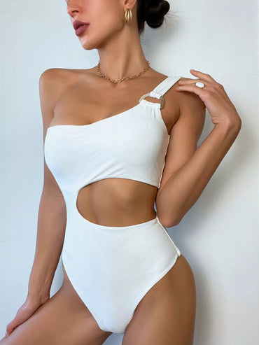 AliExpress Amazon EBay European and American Foreign Trade Single Shoulder Hollow Solid Color Sexy Sleeveless Casual One-Piece Swimsuit Swimwear