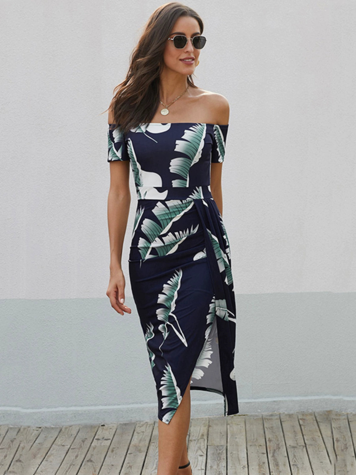 Silm Tight Waist Summer Print Slit Short Sleeve Dress