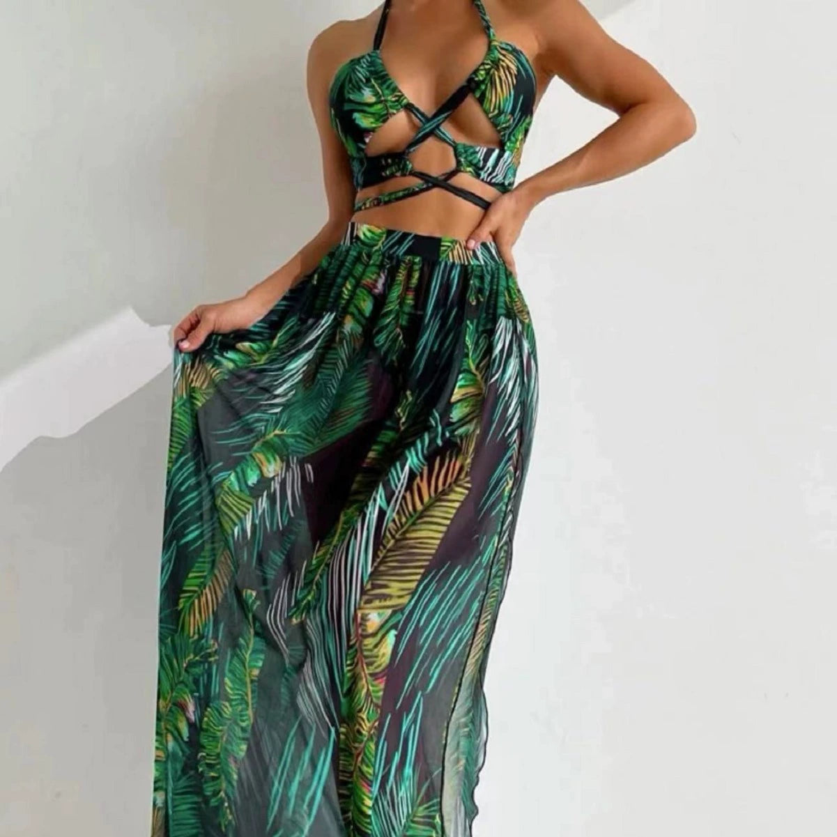 Amazon New 2024 Fashion Long Skirt Swimsuit Cover up Bikini Beach Skirt Three Piece Swimsuit Women's