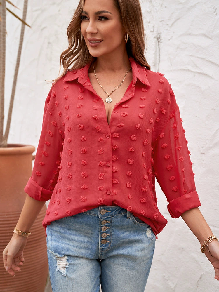 Fashion Pure Color Long Sleeve Thin Shirt Female 2024 Spring New Arrival Fashion Polo Collar Top Loose-Fitting Versatile Blouse Female