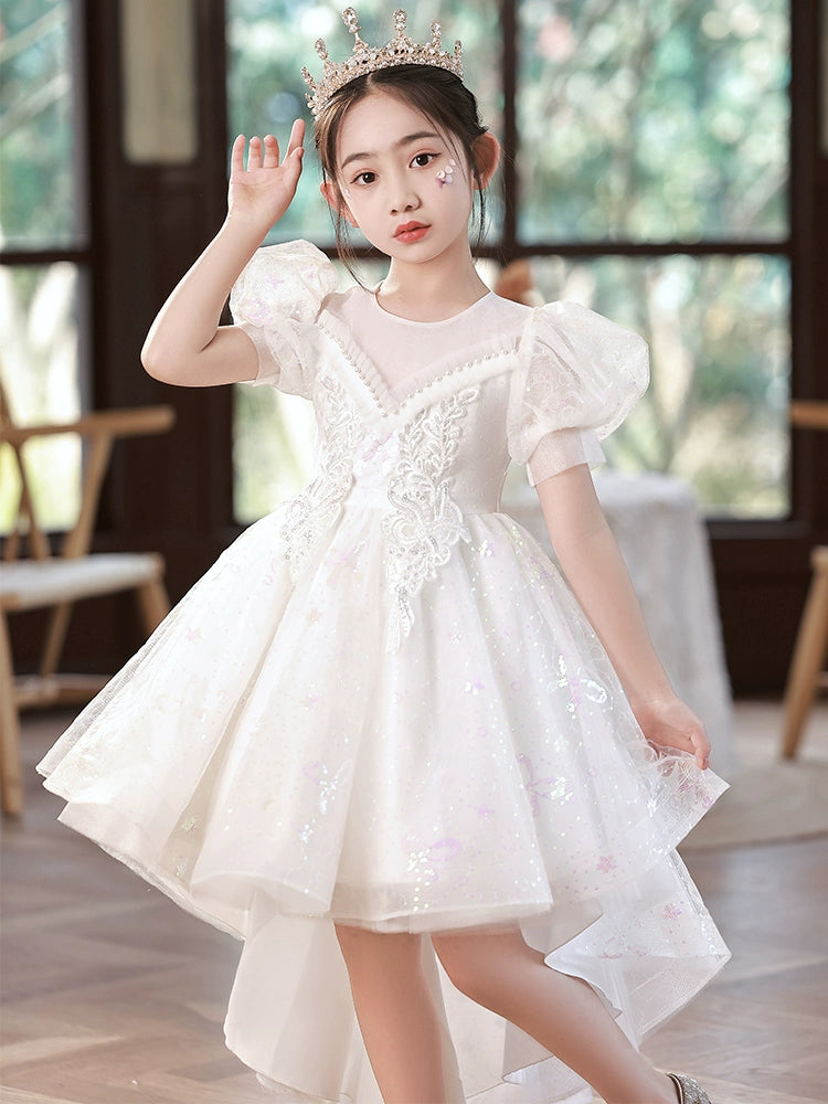 Children's Trailing Evening Dress Flower Girl Princess Dress Girls Host Wedding Dress Tulle Tutu Girls Costume for Piano Performance Summer