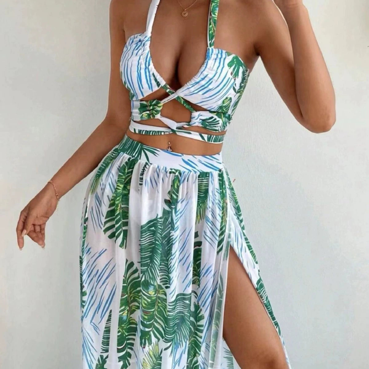 Cross-Border Gauze Skirt Three Piece Swimsuit Women's Print Drawstring Strap Sexy Push up Bikini