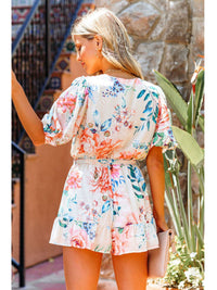 Lace-up Waist-Controlled Floral Print Loose Short-Sleeved V-neck Jumpsuit