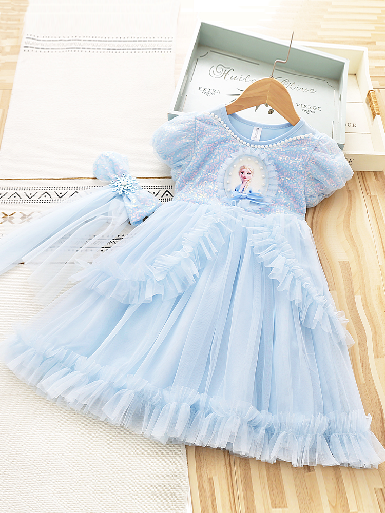 Elsa Girl Summer Dress Western Style Sequin Baby Princess Dress