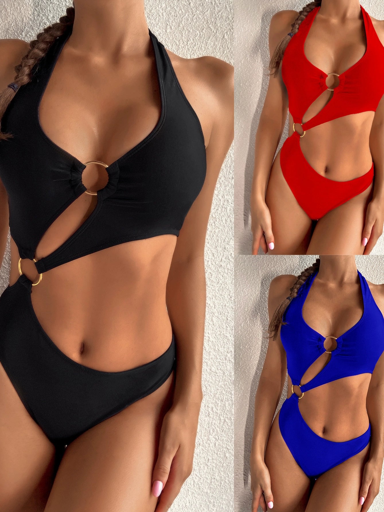 European and American Hollow Pure Color Metal Ring Triangle Halter Backless Sexy Sexy One Piece Swimsuit Hot Spring Swimsuit