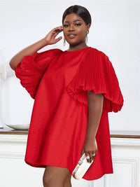 2023 Fashion Plus Size Pleated Puff Sleeves Loose Dress plus-Size Loose Dress Women