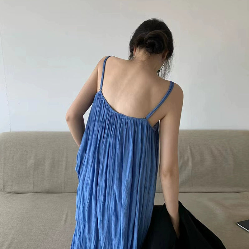 Sanya Travel Wear Internet Celebrity Blue Pleated Slip Dress Women's Summer Seaside Holiday Dress Long Beach Dress