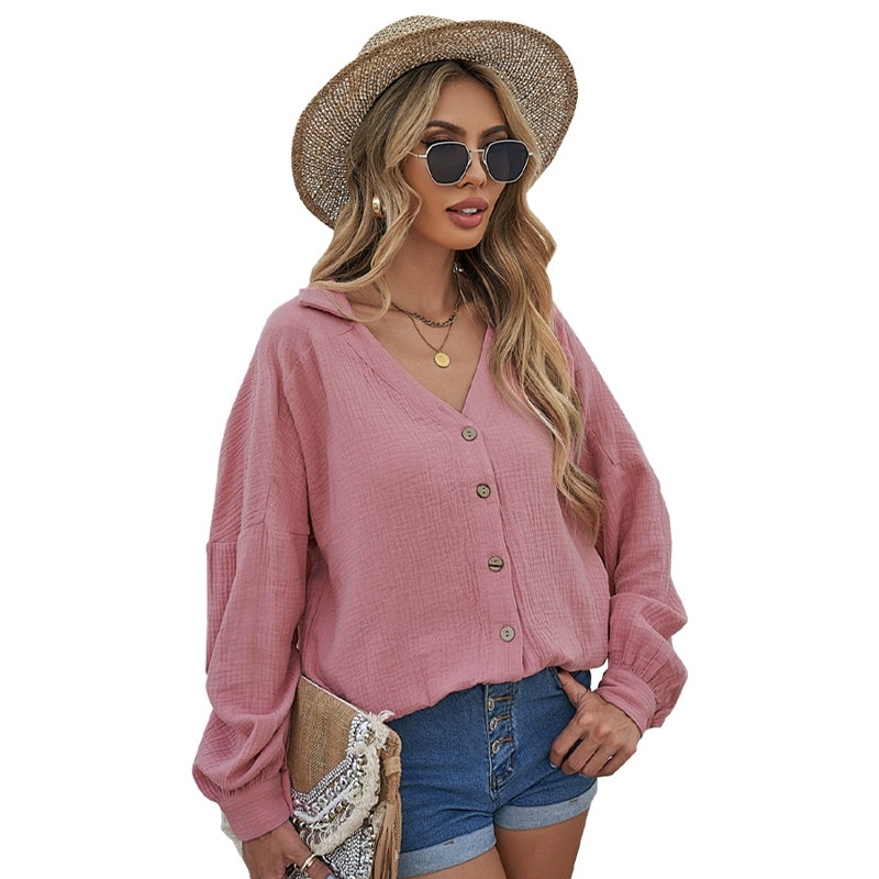 Fashion New Arrival Thin Long Sleeves Shirt for Women 2024 Spring Stylish Solid Color and V-neck Single Row Multi-Buckle Lapel Shirt for Women