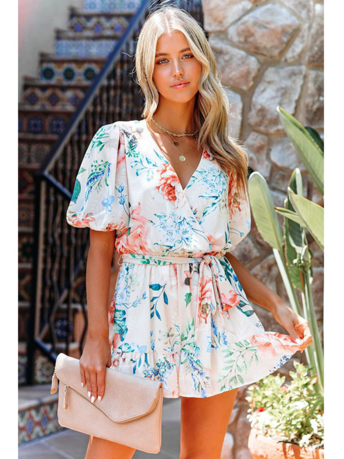 Lace-up Waist-Controlled Floral Print Loose Short-Sleeved V-neck Jumpsuit