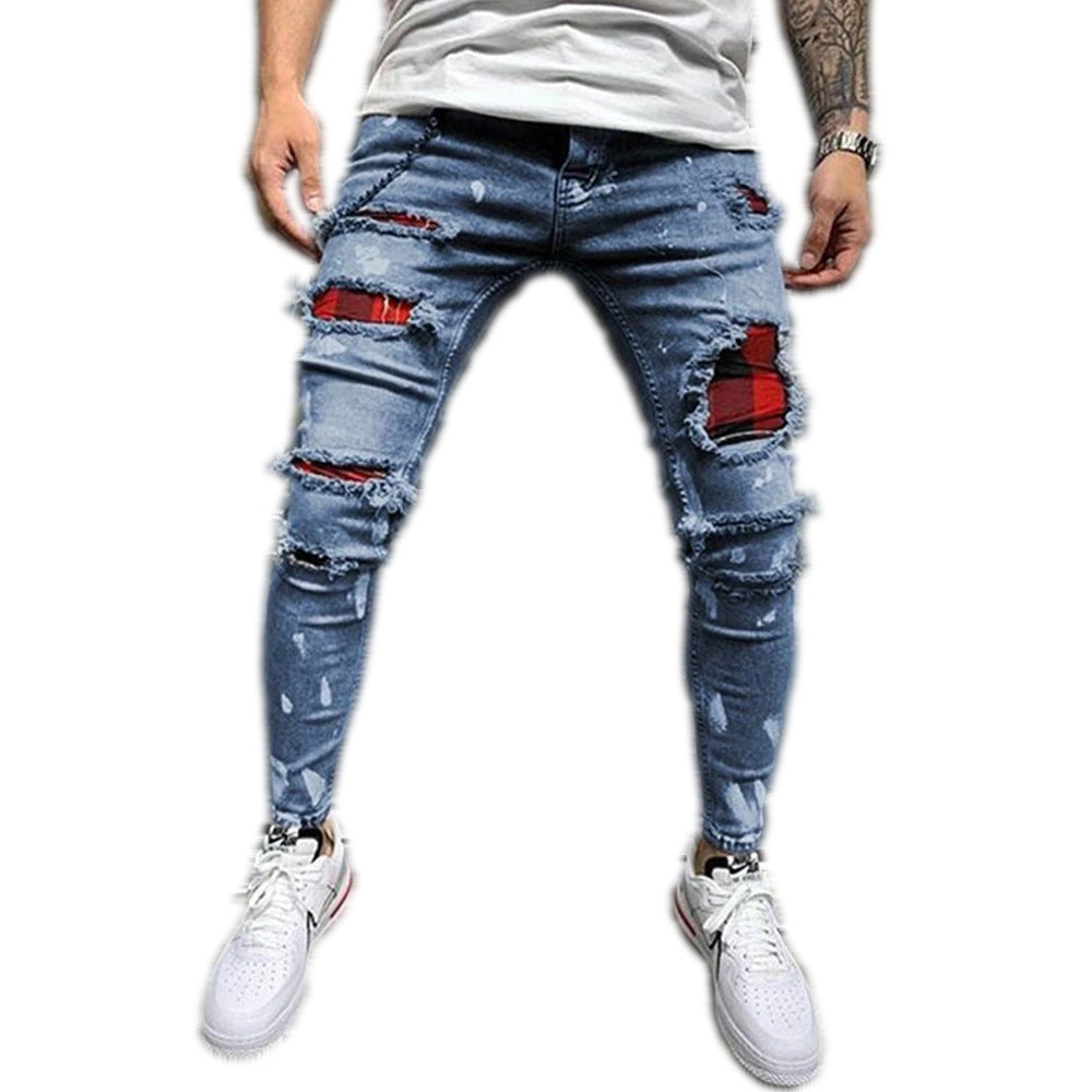 Cross-Border European and American Popular Men's Ripped Three-Color Jeans Amazon Patch Stretch Leg Jeans for Men J007