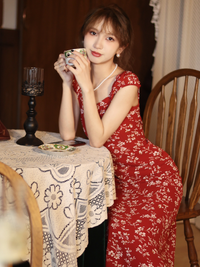 Retro V-neck Hip Red Small Floral Women's Summer Holiday Skirt