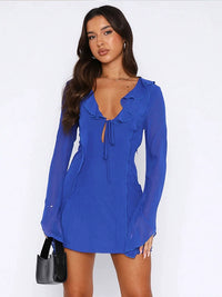 Transition Sexy Zone Blue Ruffles Long Sleeves Vacation Blouse Deep V-neck Lace-up American Sexy Street Skirt