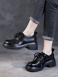 Single-Layer Shoes Women's Spring and Autumn 2023 New Chunky Heel Lace-up British round Toe High Heel Women's Shoes Soft Leather Autumn All-Match Small Leather Shoes