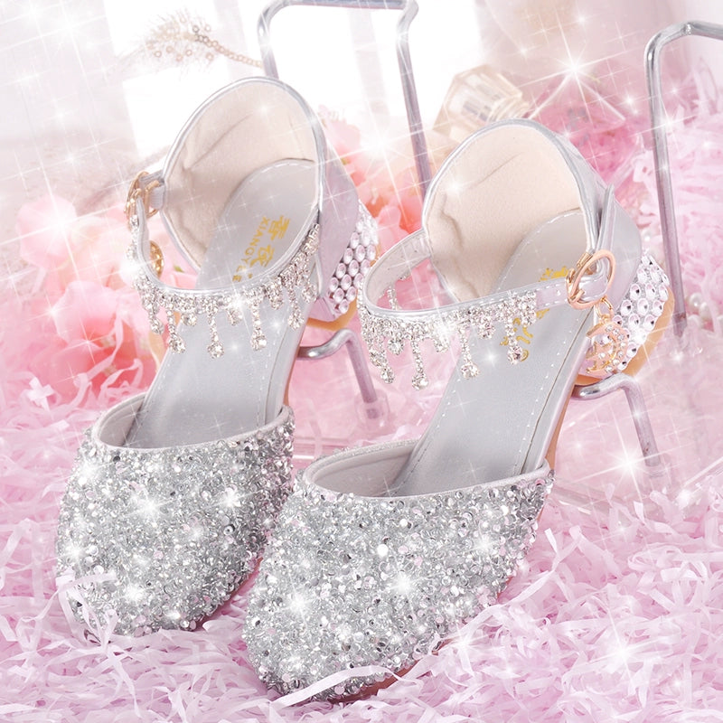 Catwalk Show Model Soft Bottom Silver White Children 'S Princess Shoes