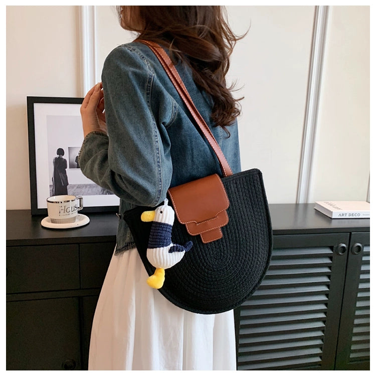 Retro Pink Semicircle Seaside Travel Straw Woven Bag