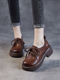 Single-Layer Shoes Women's Spring and Autumn 2023 New Chunky Heel Lace-up British round Toe High Heel Women's Shoes Soft Leather Autumn All-Match Small Leather Shoes