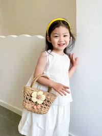 INS Summer Kids Straw Woven Bag Girl Rattan Flower Hand Bag Princess Retro and Fashion All-Matching Accessory Bag