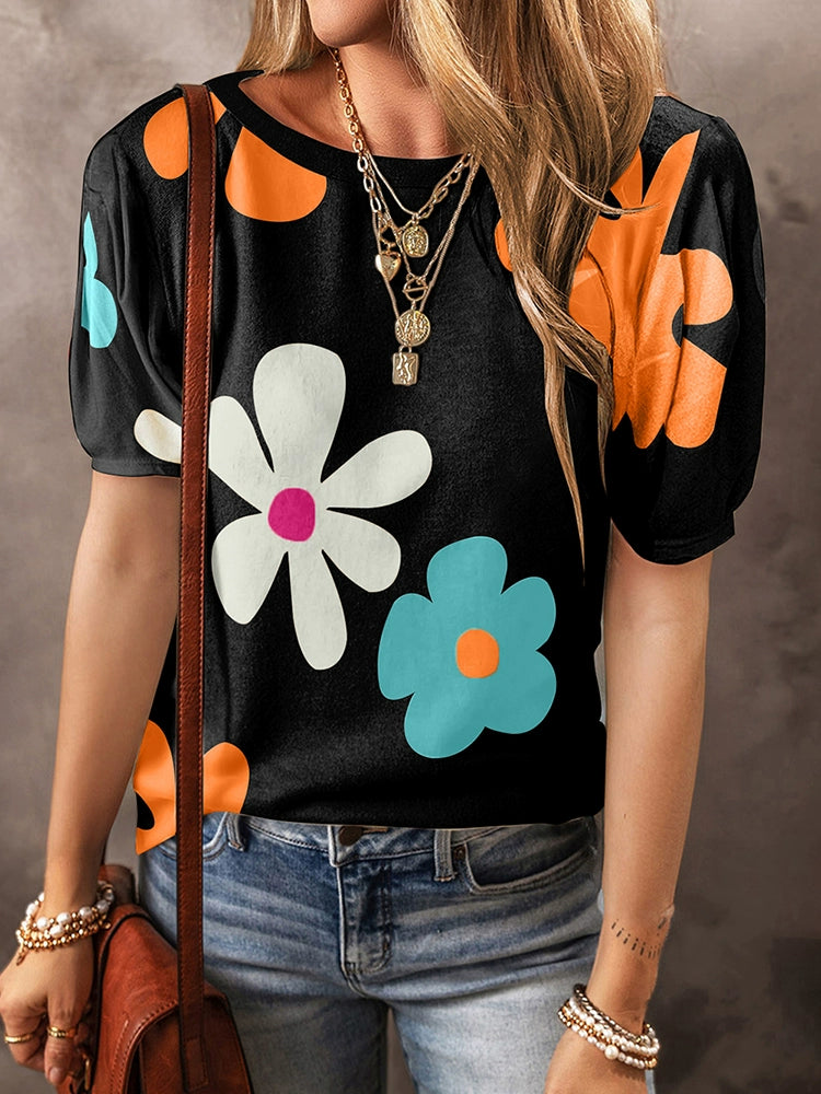 Summer Short Sleeve Fashion Breathable Pullover Large Flower