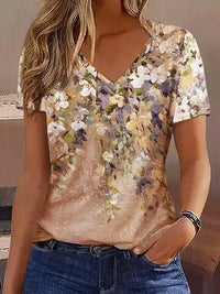 Fashion Watercolor Flower Print Three-Point Sleeve Top Summer New Breathable Thin Loose Short-Sleeved T-shirt for Women