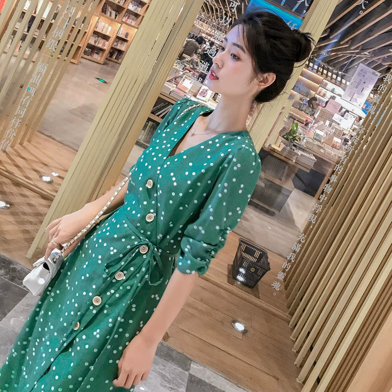 2023 Green Polka Dot Zhixun Dress Niche Style French Retro High Waist Water Green Dress over the Knee A- line Dress Women