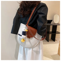 Retro Pink Semicircle Seaside Travel Straw Woven Bag