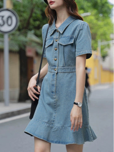 Design Retro Slimming Casual Slit Denim Dress