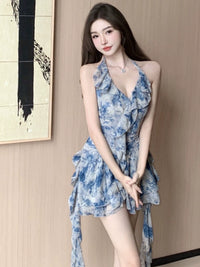 Floral Strap Dress Women's Summer Sexy Pure Desire Ribbon Sleeveless Skirt Romantic High Waist Slim Looking Chiffon Skirt