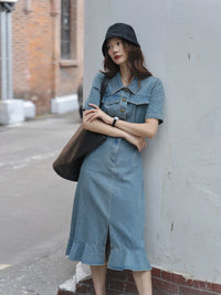 Summer Washed Women Workwear Fishtail Denim Dress