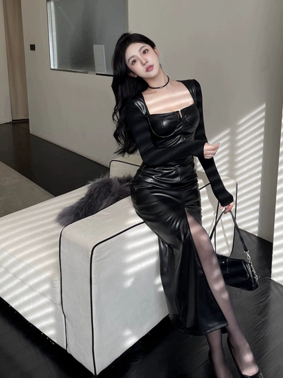 Girlsat18 Slim Pu Slit Black Leather Skirt